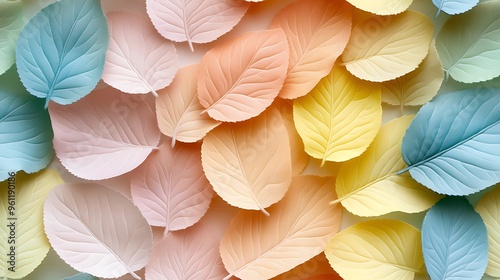 Pastel leaves in light shades of pale yellow, soft mint, and light pink, arranged in a delicate, repeating pattern with soft edges and smooth gradients on a white background --ar 16:9 --no logo --tile photo