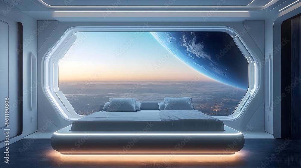Fototapeta premium Futuristic Spaceship Bedroom with Stunning Cosmic View Through Panoramic Window