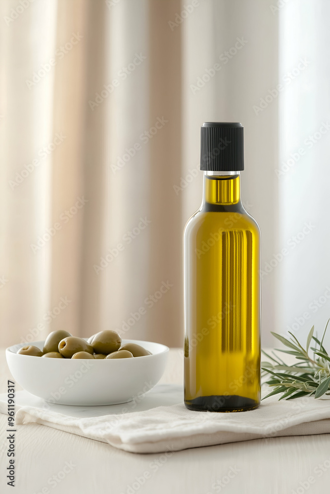Elegant Olive Oil Bottle with Blank Label Beside Bowl of Olives Elegant Olive Oil Bottle with Blank Label Beside Bowl of Olives