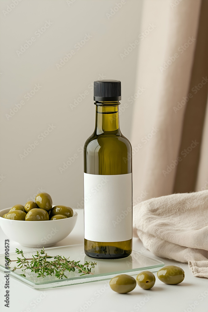 Elegant Olive Oil Bottle with Blank Label Beside Bowl of Olives Elegant Olive Oil Bottle with Blank Label Beside Bowl of Olives