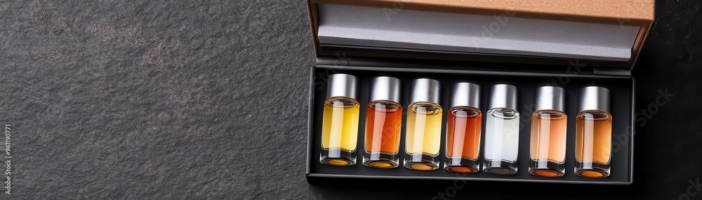 Fototapeta premium Top-View of Open Perfume Sample Box with Assorted Fragrance Vials, Neatly Arranged