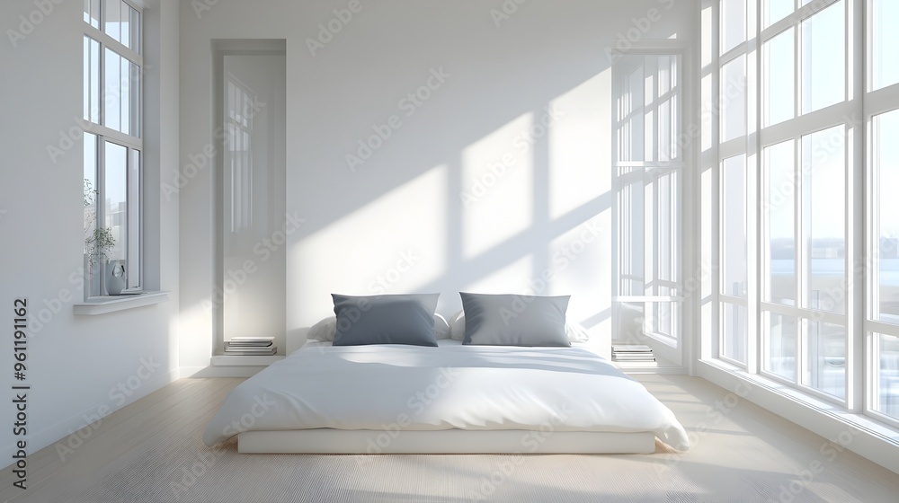 Serene and Spacious Modern Bedroom with Abundant Natural Lighting Serene and Spacious Modern Bedroom with Abundant Natural Lighting