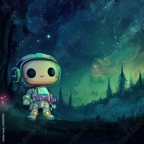 A cheerful astronaut character stands in mystical forest under starry sky, surrounded by glowing elements and vibrant colors.