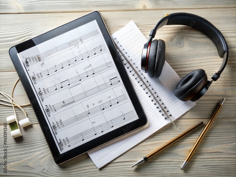 Digital music sheet on tablet next to musical score, headphones, and instrumental accessories on modern desk, conveying innovation and creativity in music learning. Digital music sheet on tablet next to musical score, headphones, and instrumental accessories on modern desk, conveying innovation and creativity in music learning.