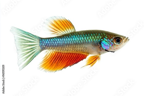 the beside view Mosaic Guppy Fish, left side view, white copy space on right, Isolated on White Background