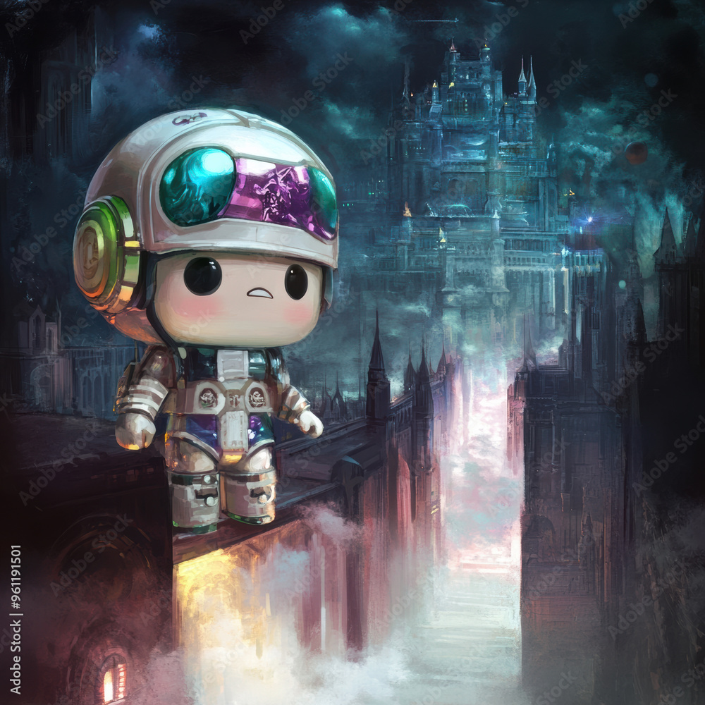 Fototapeta premium A cute astronaut character stands on ledge, gazing at mystical castle in dark, ethereal landscape. scene evokes sense of wonder and adventure.