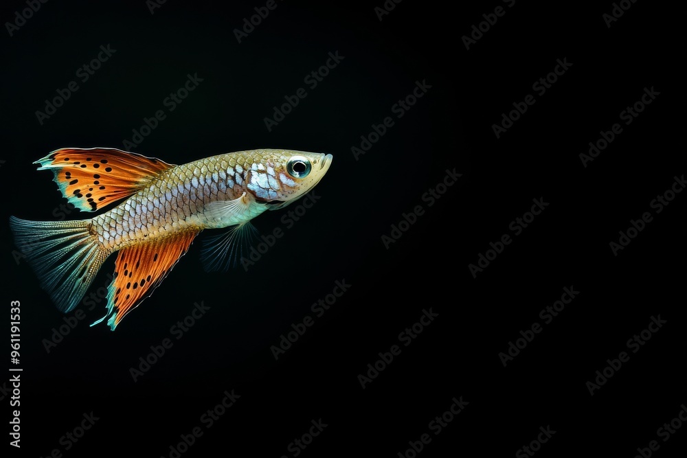 the beside view Snakeskin Guppy Fish, left side view, white copy space on right, Isolated on dark Background the beside view Snakeskin Guppy Fish, left side view, white copy space on right, Isolated on dark Background