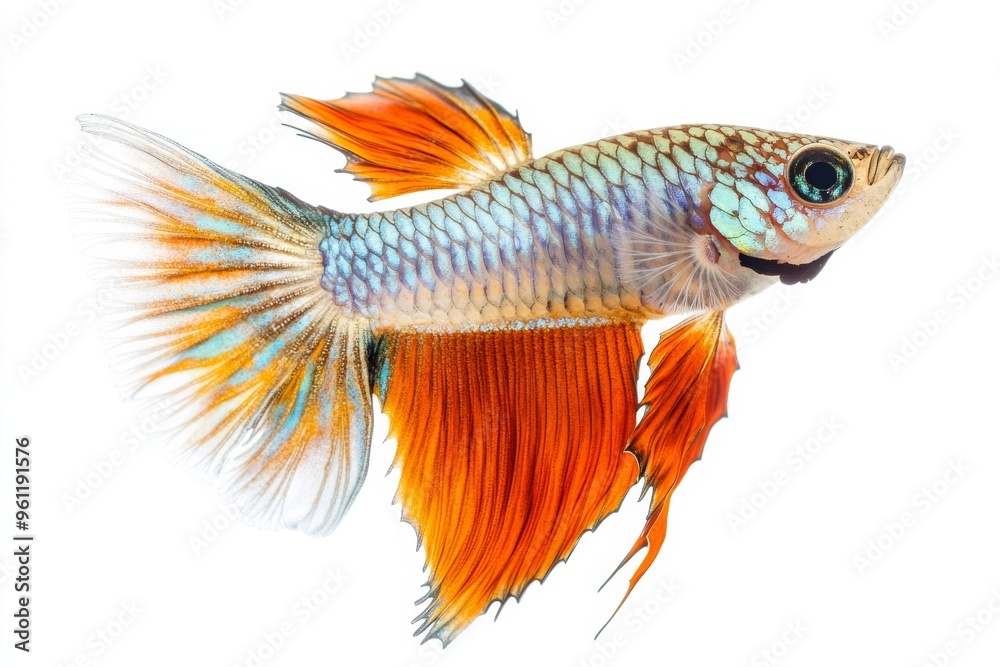 the beside view Snakeskin Guppy Fish, left side view, white copy space on right, Isolated on White Background the beside view Snakeskin Guppy Fish, left side view, white copy space on right, Isolated on White Background