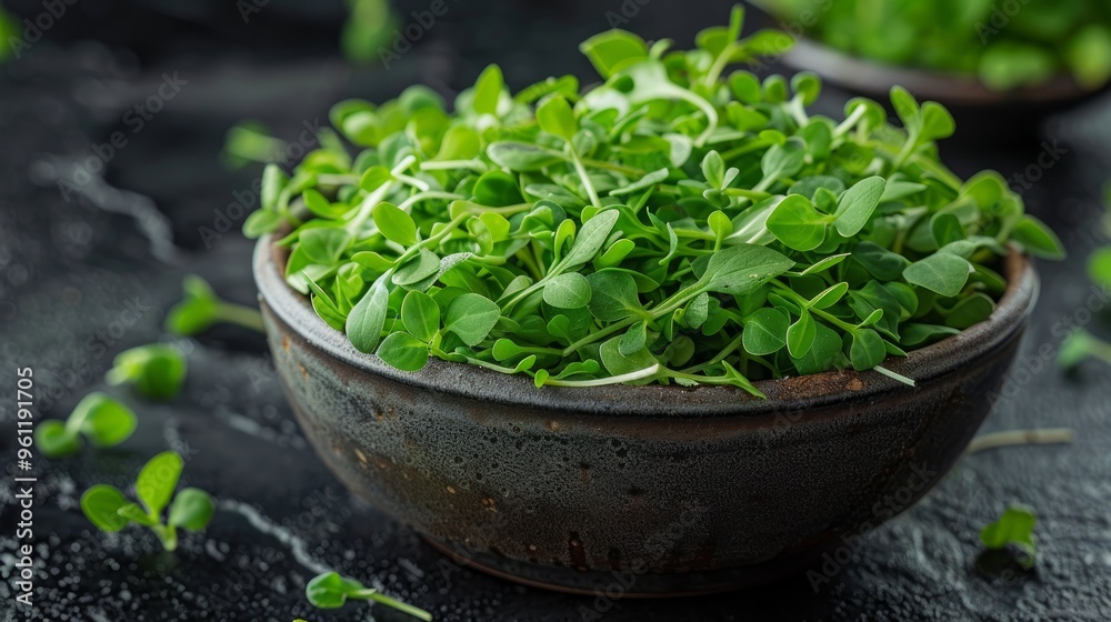 Pea sprouts in a bowl on a dark background, top view Pea sprouts in a bowl on a dark background, top view