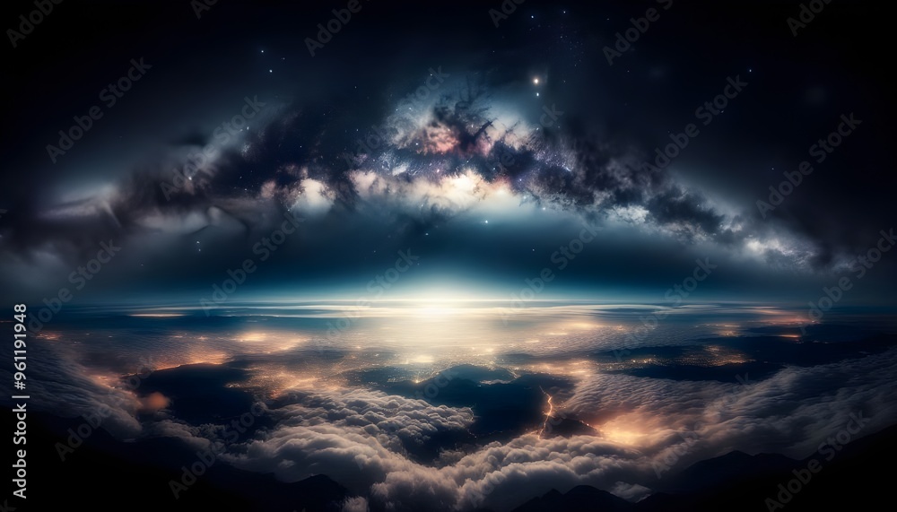 Stunning View of Stars and Milky Way Above Earth Glow at Night from Space Showing Cloud Formations and City Lights, Perfect for Inspirational and Educational Purposes Stunning View of Stars and Milky Way Above Earth Glow at Night from Space Showing Cloud Formations and City Lights, Perfect for Inspirational and Educational Purposes