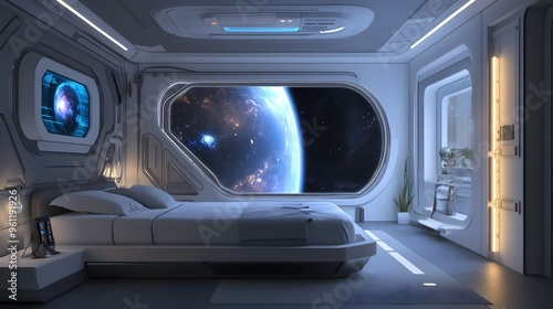 Futuristic Spacecraft Interior with Panoramic Window Overlooking Starry Galaxy