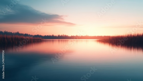 Serene sunset over tranquil water, reflecting colorful skies and surrounding nature, perfect for relaxation and inspiration.