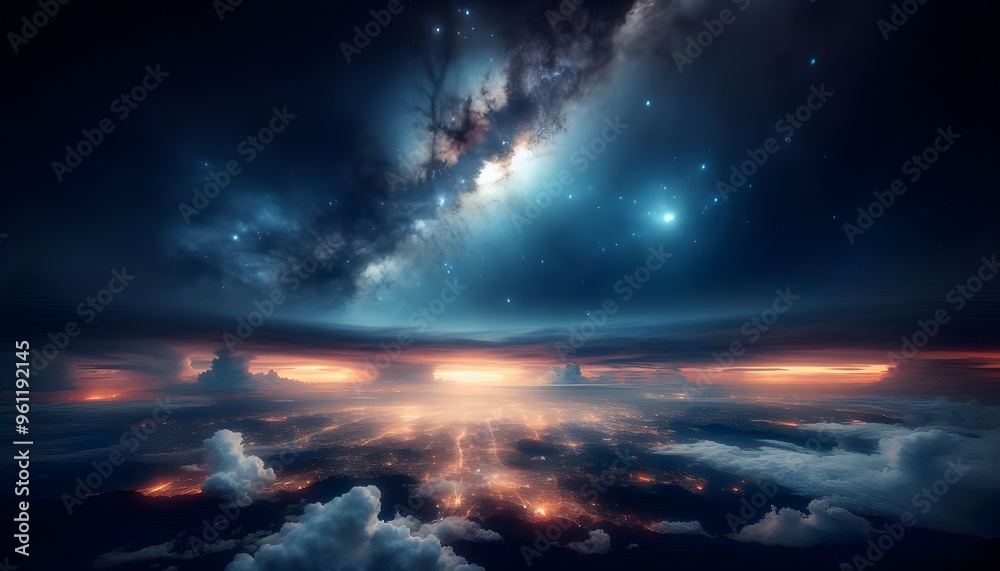 Fototapeta premium Stunning View of Stars and Milky Way Above Earth Glow at Night from Space Showing Cloud Formations and City Lights, Perfect for Inspirational and Educational Purposes 