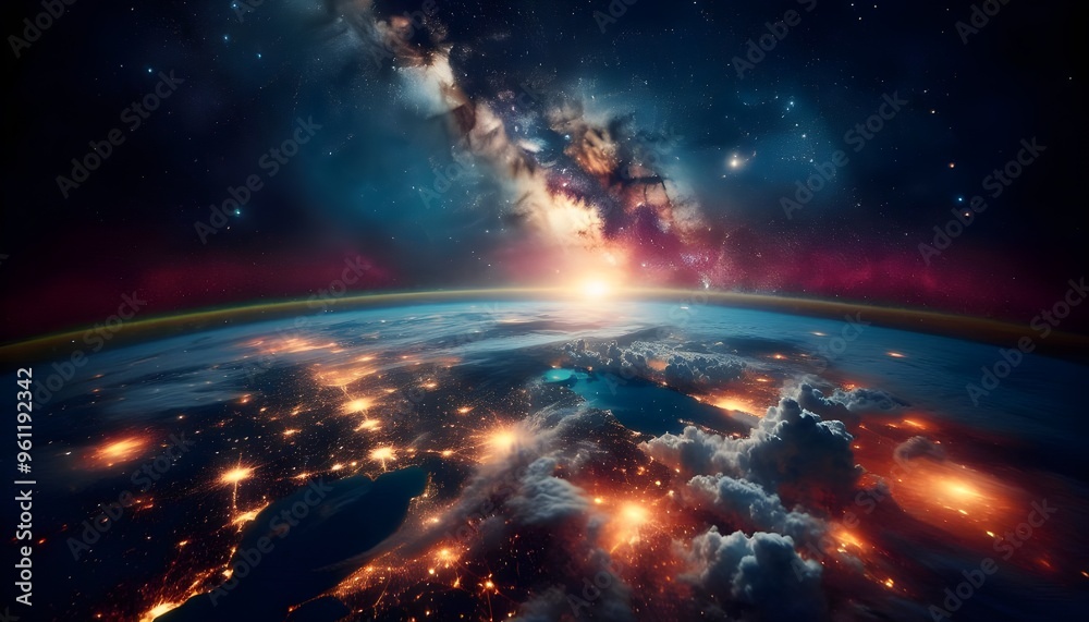 Stunning View of Stars and Milky Way Above Earth Glow at Night from Space Showing Cloud Formations and City Lights, Perfect for Inspirational and Educational Purposes Stunning View of Stars and Milky Way Above Earth Glow at Night from Space Showing Cloud Formations and City Lights, Perfect for Inspirational and Educational Purposes