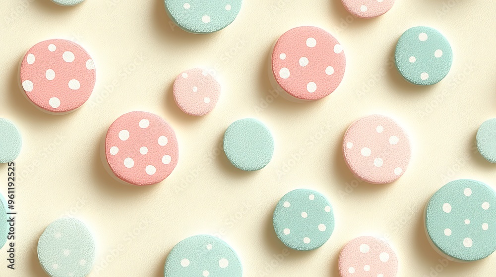 Soft pink, mint green, and baby blue polka dots in various sizes arranged over a smooth cream background, giving the design a fun and gentle retro vibe --ar 16:9 --no logo --tile Soft pink, mint green, and baby blue polka dots in various sizes arranged over a smooth cream background, giving the design a fun and gentle retro vibe --ar 16:9 --no logo --tile