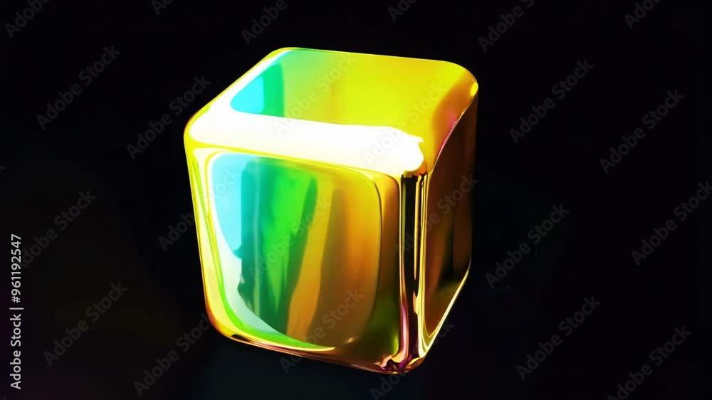 Realistic 3D animation of the abstract morphing liquid iridescent golden cube with a reflective surface rendered in UHD, black background.