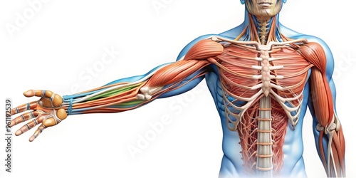 Educational Diagram Showcasing The Complex Structure And Components Of The Human Arm, Including Muscles, Bones, Tendons, And Ligaments. photo