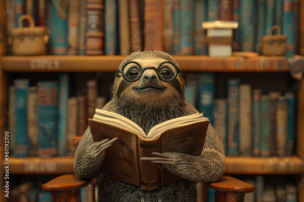 A sloth sitting and reading a book in the library A sloth sitting and reading a book in the library