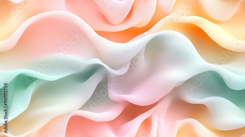 Wavy, flowing lines in pastel hues of light mint, blush pink, and pale yellow, creating a soothing abstract pattern with seamless gradient transitions and gentle, photo