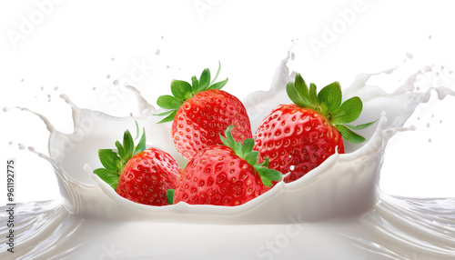 Strawberries Splashing into Creamy Milk Isolated on Transparent Background, PNG – Fresh, Juicy, Creamy, Vibrant, Delicious, Flavorful, Refreshing, Dynamic, Tasty