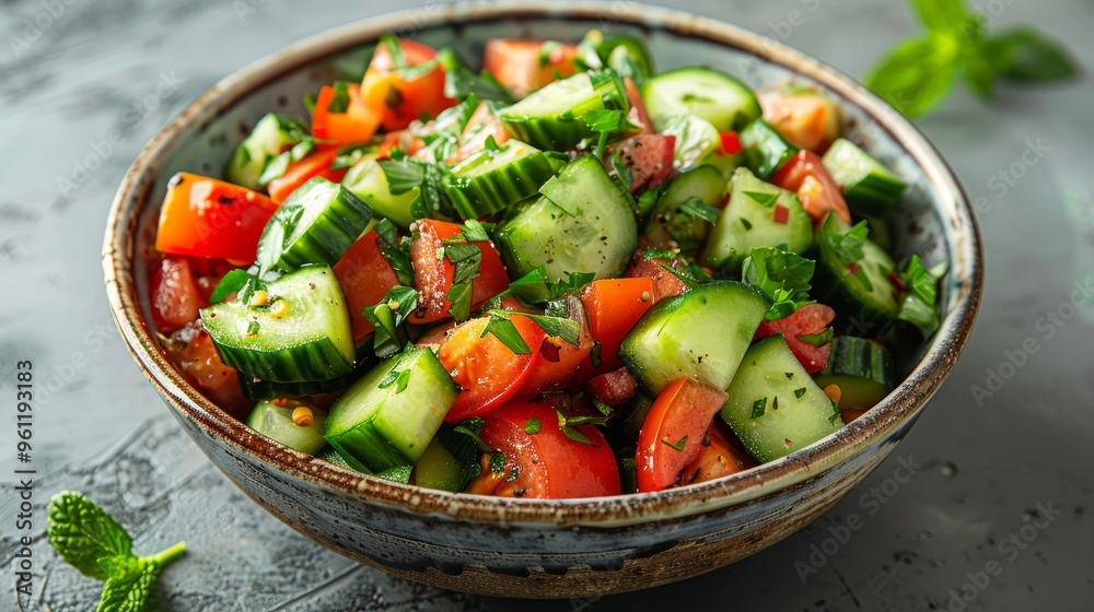 shirazi salad with cucumber and tomato served in dish isolated on grey background top view shirazi salad with cucumber and tomato served in dish isolated on grey background top view