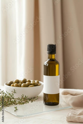 Elegant Olive Oil Bottle with Blank Label Beside Bowl of Olives