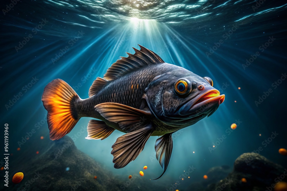 Dark swirling ocean waters envelop the black swallower fish, its body undulating as it darts through the depths, its orange dorsal fin glowing like a beacon. Dark swirling ocean waters envelop the black swallower fish, its body undulating as it darts through the depths, its orange dorsal fin glowing like a beacon.