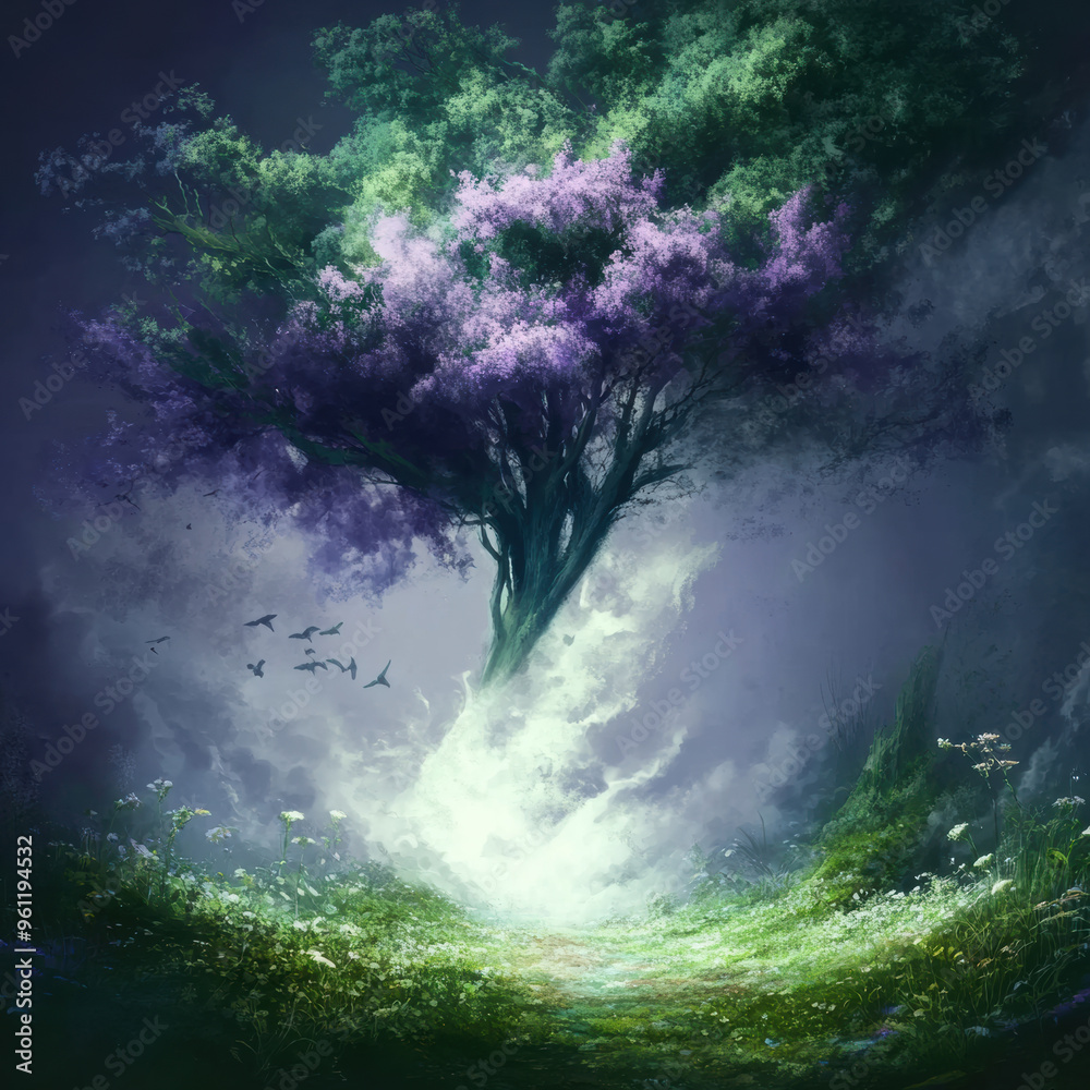 Fototapeta premium A mystical tree with vibrant purple and green foliage stands in serene landscape, surrounded by soft mist and delicate flowers, evoking sense of tranquility and wonder.