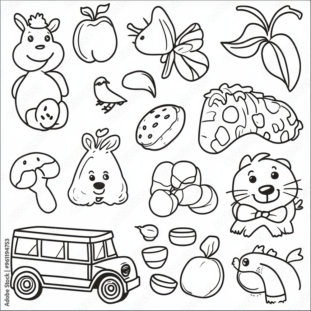 Coloring book page featuring various fun and playful illustrations for toddlers, including animals, fruits, and vehicle. Perfect for creative expression! Coloring book page featuring various fun and playful illustrations for toddlers, including animals, fruits, and vehicle. Perfect for creative expression!
