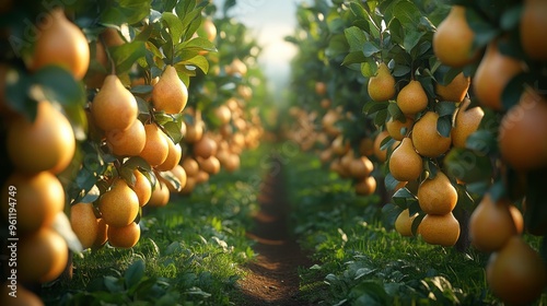 Organic pear orchard, trees full of ripe pears, 3D illustration