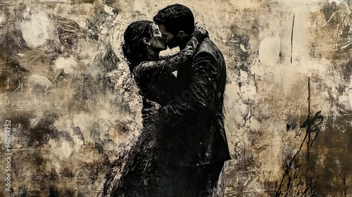 Romantic Couple Embracing in Abstract Artistic Style