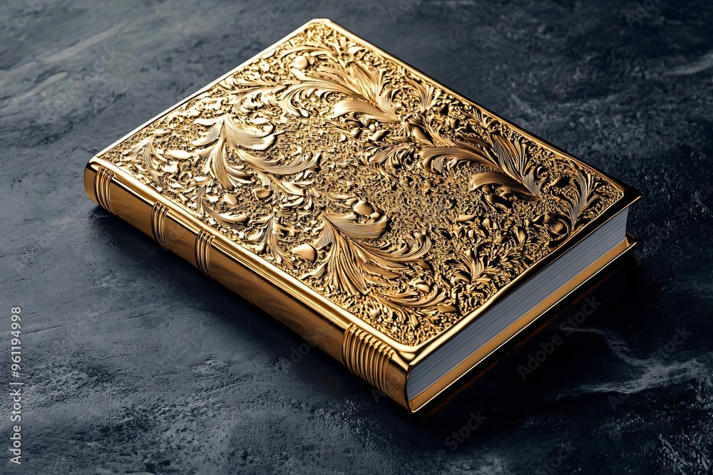 Fototapeta premium A beautifully embossed golden book resting on a dark surface, showcasing intricate details and a timeless elegance.