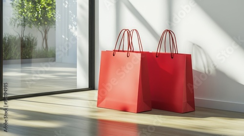 Front view on blank red paper shopping bags with place for your brand name or text on light wooden floor near decorative glass partition and white wall background, closeup. 3D rendering, mock up photo