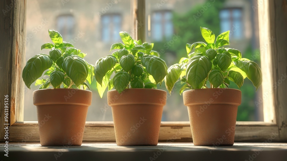 Fototapeta premium Organic basil plants, growing in pots on a windowsill, 3D illustration