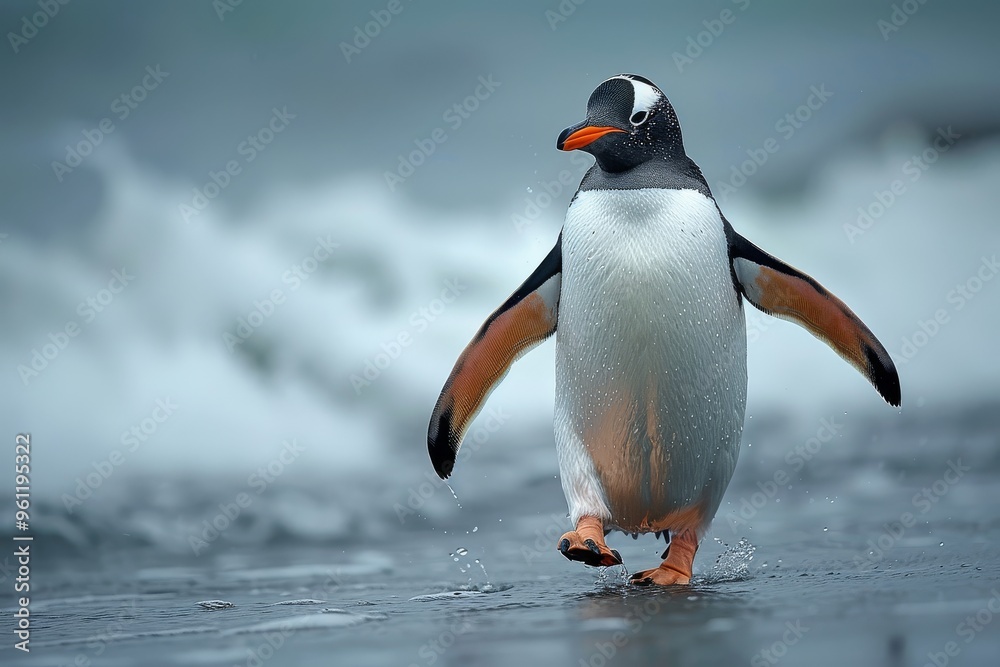 Fototapeta premium Penguin Walking on Two Legs Near the Ocean with Orange Feet and Black Face, Vibrant Colors