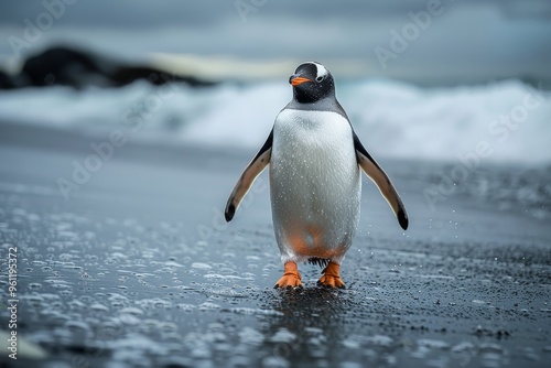 Penguin Walking on Two Legs Near the Ocean with Orange Feet and Black Face, Vibrant Colors photo