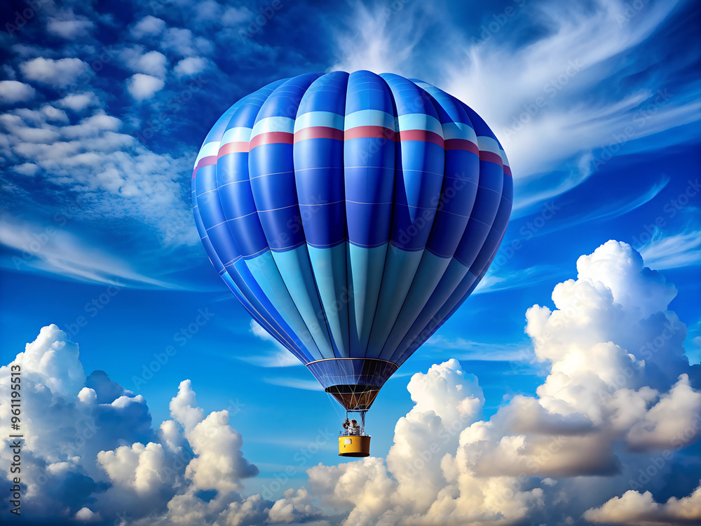 Fototapeta premium A big blue balloon in a blue sky with clouds, a travel concept