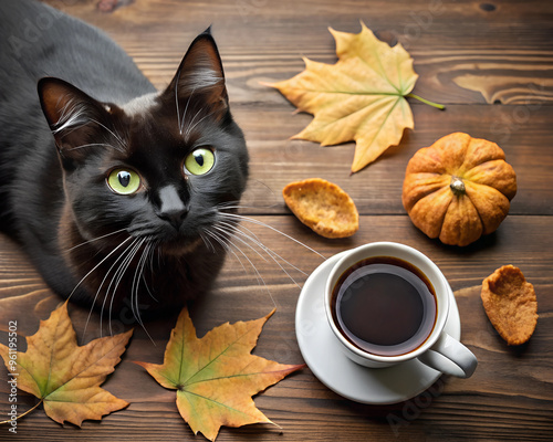 A beautiful black cat sits on a wooden background with coffee, autumn leaves and a pumpkin and looks at the camera