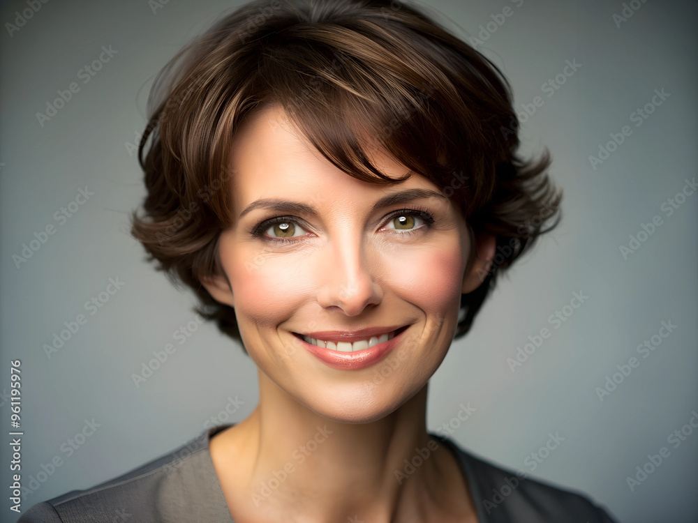 An attractive brown-haired woman with medium-length hair smiles and looks at the camera An attractive brown-haired woman with medium-length hair smiles and looks at the camera