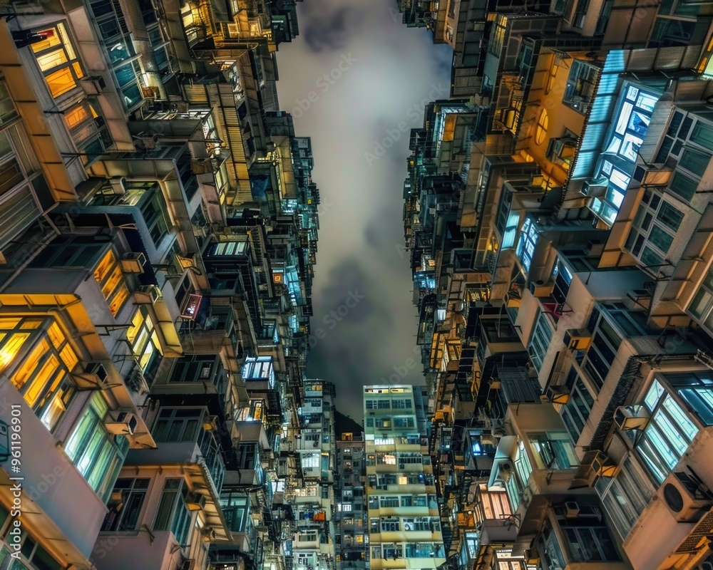 Looking Up at Dense Residential Buildings in Hong Kong, urban claustrophobia, night view
Looking Up at Dense Residential Buildings in Hong Kong, urban claustrophobia, night view