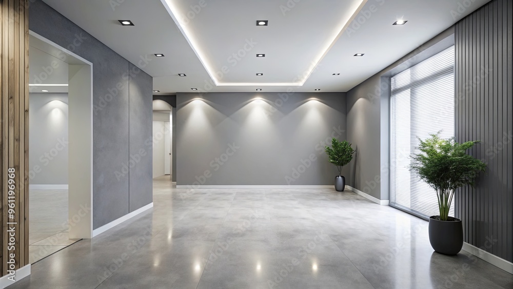 Fototapeta premium Modern monochrome hall with light grey mock-up wall