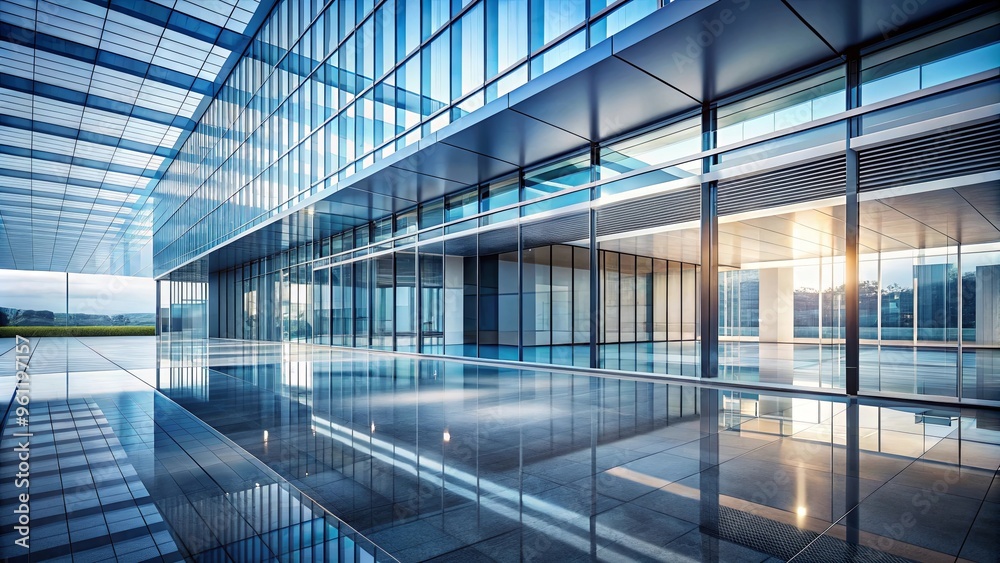 Futuristic glass architecture with empty concrete floor, creating a modern and sleek visual appeal