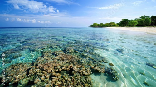 Crystal-clear water washing over a white sandy beach with vibrant coral reefs visible, beach, tropical paradise