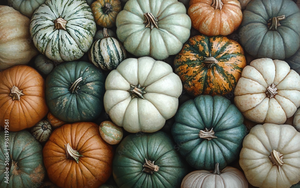 realistic top view painting of pumpkins in various shapes and sizes, featuring green and white pumpkins, with muted colors
