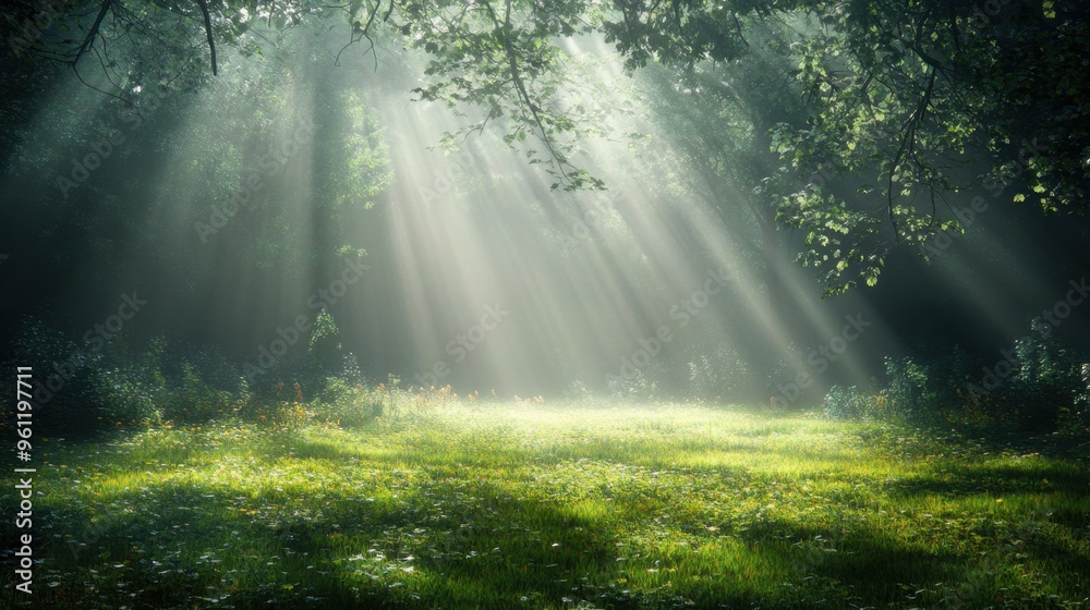 Sunbeams Through Forest Canopy Green Grass Nature Sunlight Woods Sunbeams Through Forest Canopy Green Grass Nature Sunlight Woods