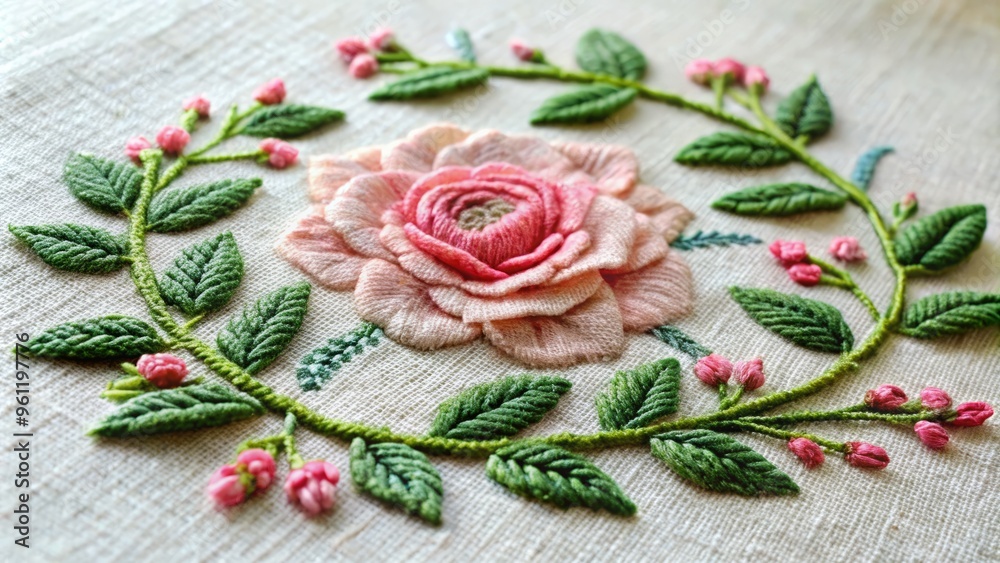 A delicate, hand-embroidered rose on a linen fabric, intricately stitched with floral motifs, soft pastel hues, and delicate leaves. A delicate, hand-embroidered rose on a linen fabric, intricately stitched with floral motifs, soft pastel hues, and delicate leaves.