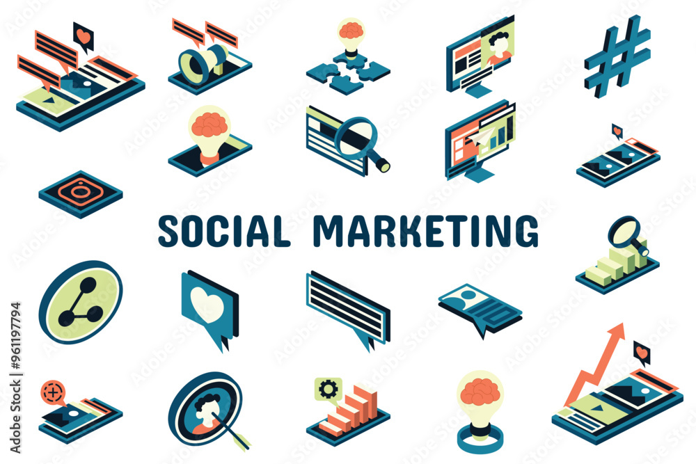 Social Marketing Flat Vector Illustration Icon Sticker Set Design Materials Social Marketing Flat Vector Illustration Icon Sticker Set Design Materials