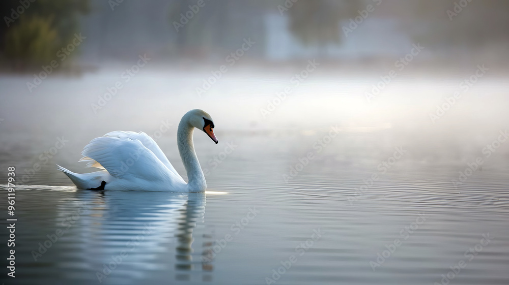 A white swan is worshiping in a lake where steam is rising from the water.