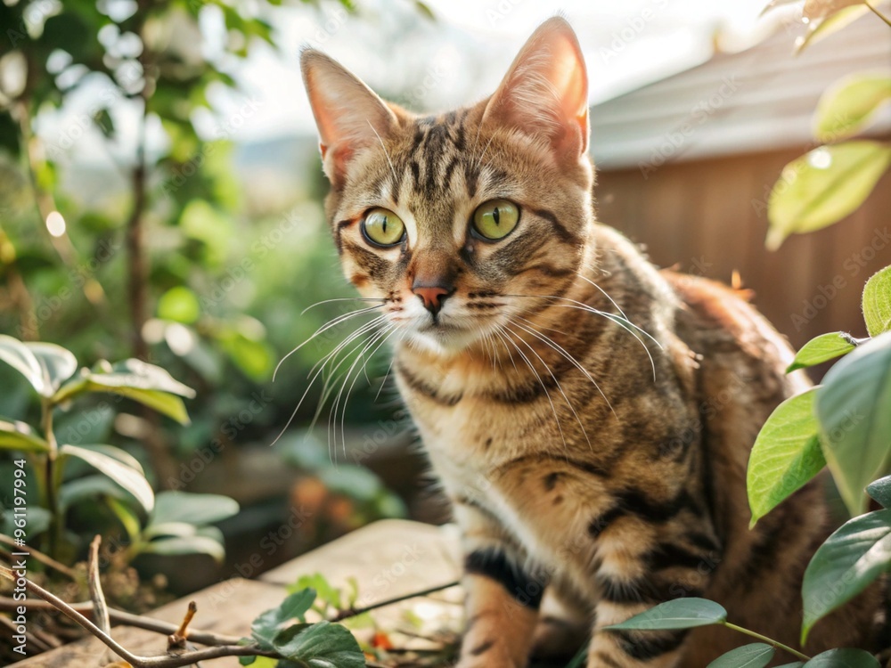 A cute grey kitten exploring a lush green garden, sitting on a tree branch, with bright eyes and fluffy fur A cute grey kitten exploring a lush green garden, sitting on a tree branch, with bright eyes and fluffy fur