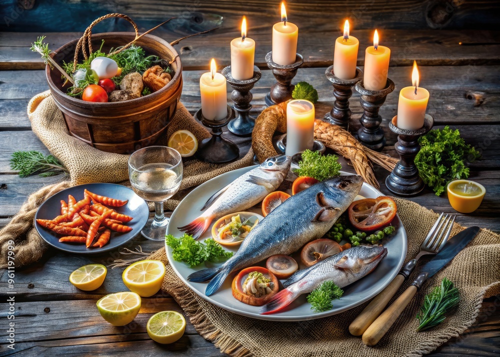 Freshly prepared seafood arranged on a rustic wooden table, surrounded by nautical elements, candles, and linen napkins, evoking a coastal dining atmosphere. Freshly prepared seafood arranged on a rustic wooden table, surrounded by nautical elements, candles, and linen napkins, evoking a coastal dining atmosphere.